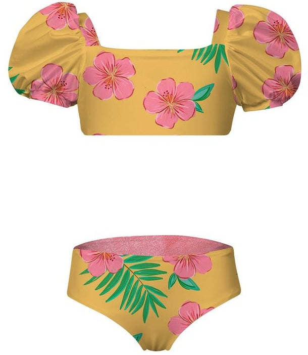 Yellow bikini top and bottom with pink floral and green leaf pattern on a white background