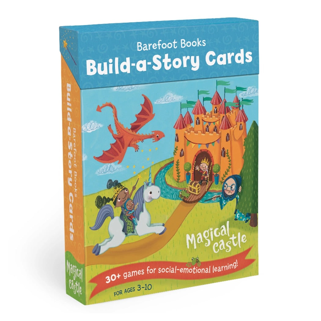 Box of Barefoot Books Build-a-Story Cards with a castle and dragon illustration on a white background.