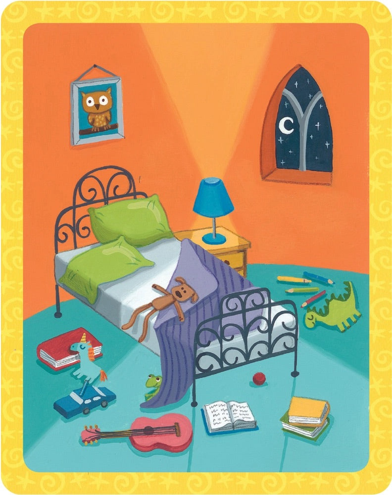Children's bedroom with bed, toys, and books on an orange wall.
