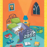 Children's bedroom with bed, toys, and books on an orange wall.