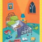Children's bedroom with bed, toys, and books on an orange wall.
