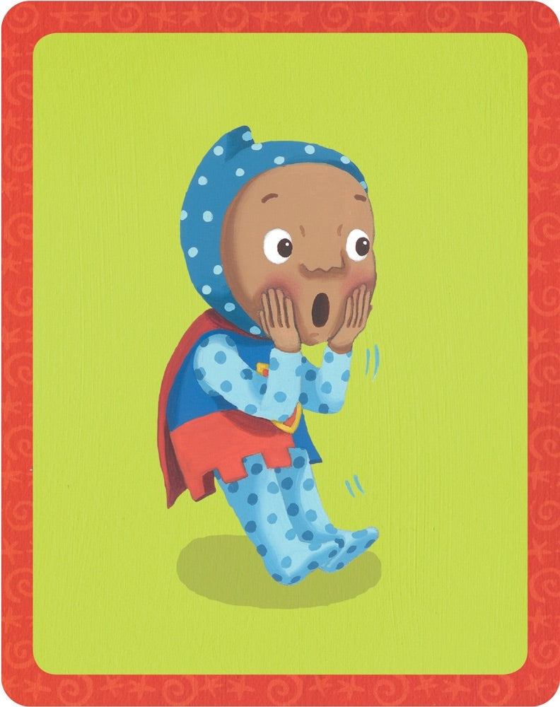 Cartoon character in superhero costume with wide eyes and open mouth on a green background.