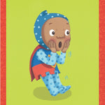 Cartoon character in superhero costume with wide eyes and open mouth on a green background.
