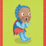 Cartoon character in superhero costume with wide eyes and open mouth on a green background.