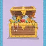 Illustration of a treasure chest with various items on a purple background.