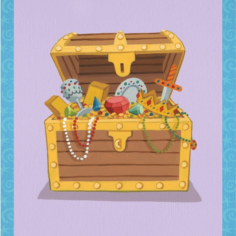 Illustration of a treasure chest with various items on a purple background.