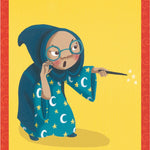 Illustration of a character in a blue robe with stars and moons, holding a wand on a yellow background.