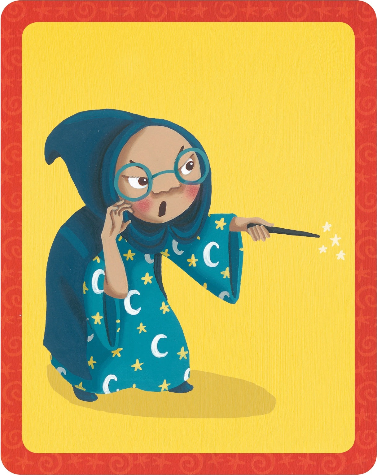 Illustration of a character in a blue robe with stars and moons, holding a wand on a yellow background.
