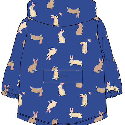Children's raincoat with blue rabbit pattern on a blue background. 