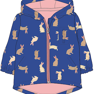 Kids blue raincoat with rabbit pattern and pink inside on a white background. 