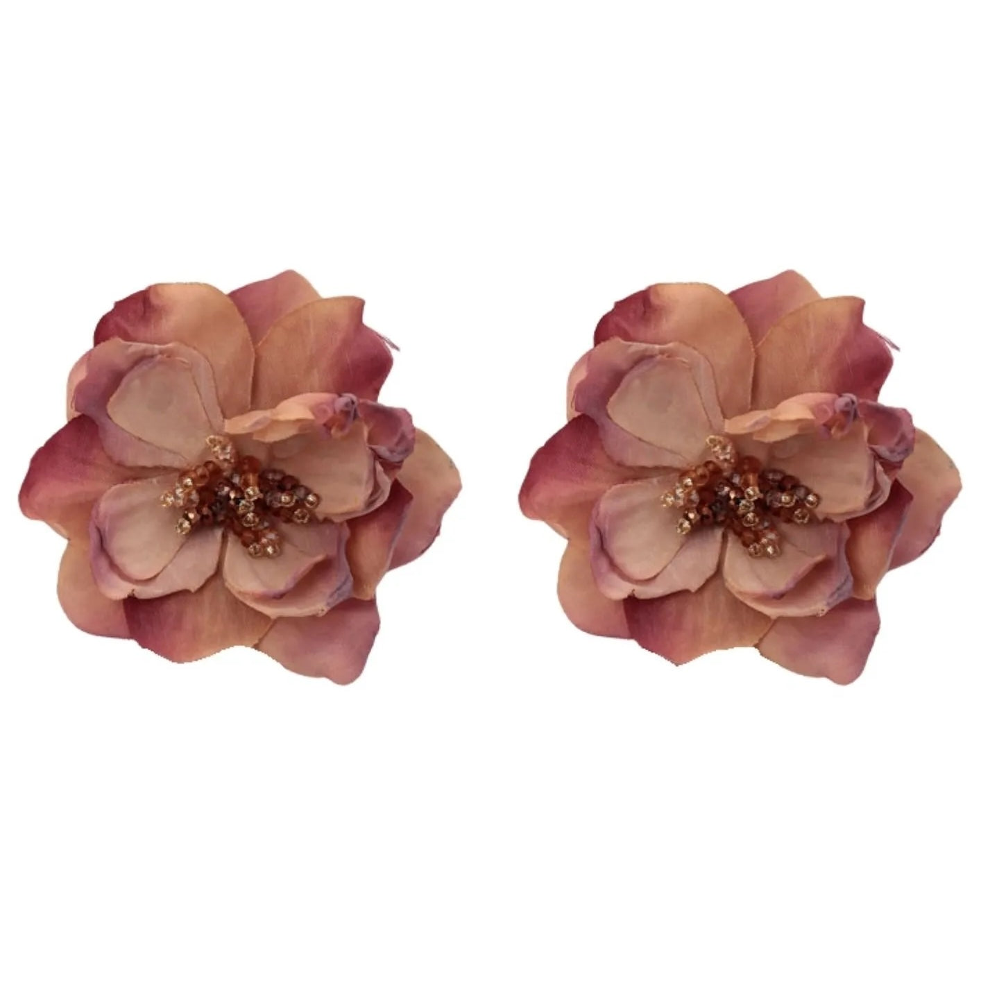 Pair of pink flower-shaped earrings on a white background
