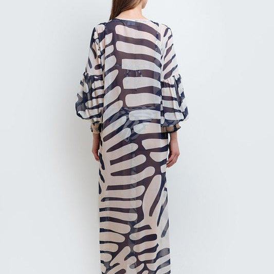 Woman wearing Sheer Kimono Cover-Up by Mar de Lua with chic pattern. Made in Colombia, available at EVAMAIA Boutique, Studio City, Los Angeles, CA.