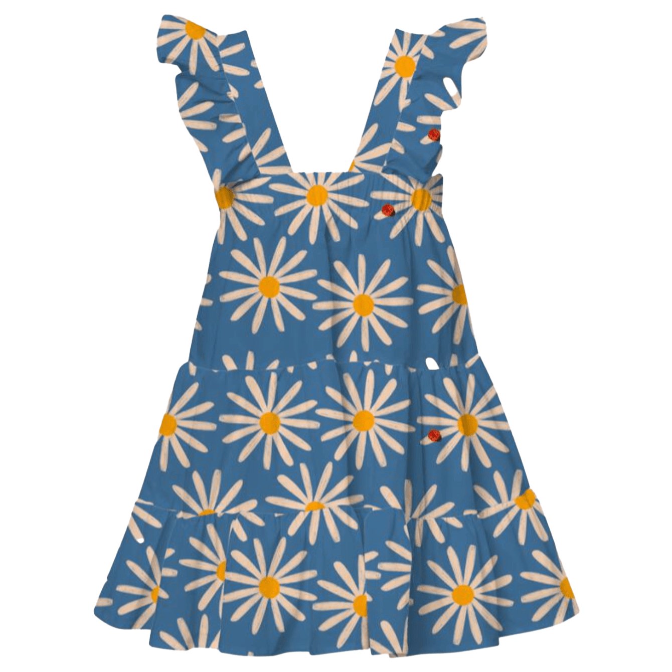 Back image of a blue printed daisy flower dress against a white background.