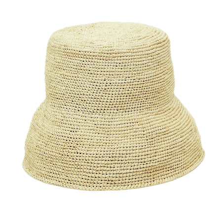 Beige woven bucket hat on a white background