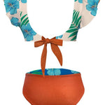 Tropical-themed bikini set with floral top and orange bottom on a white background