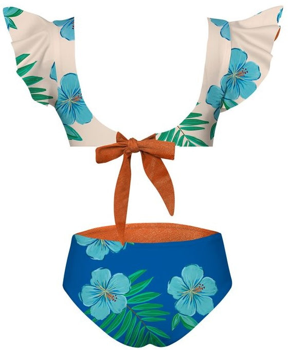 Two-piece swimsuit with floral design on a white background