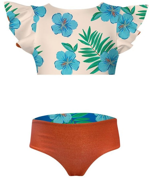 Two-piece swimsuit with floral top and orange bottom on a white background