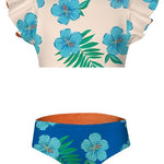 Two-piece swimsuit with floral design on a white background