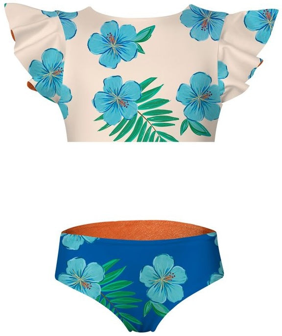 Two-piece swimsuit with floral design on a white background