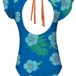 Blue floral swimsuit with orange straps on a white background