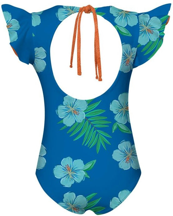 Blue floral swimsuit with orange straps on a white background