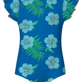 Blue swimsuit with floral pattern on a white background