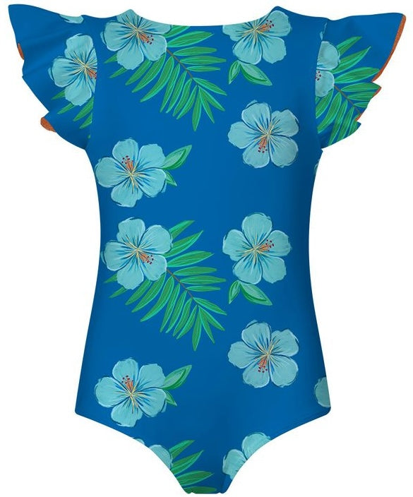 Blue swimsuit with floral pattern on a white background