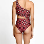 One-piece swimsuit with geometric pattern on a white background