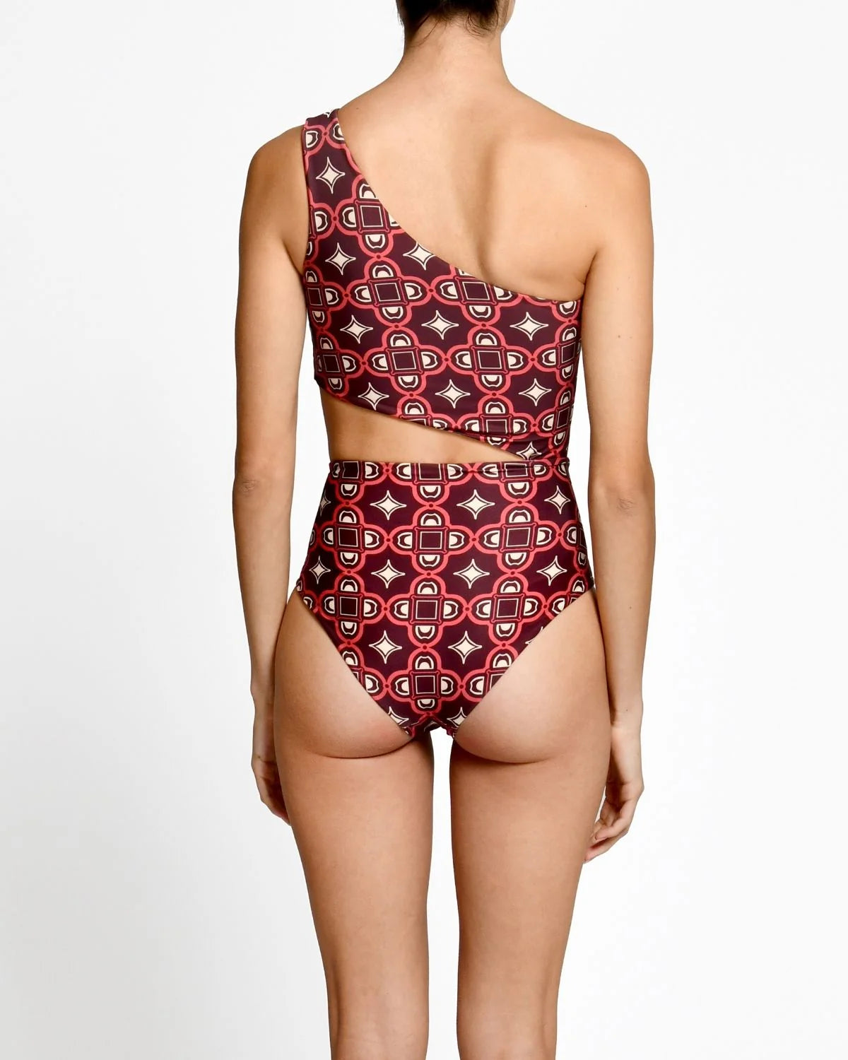 One-piece swimsuit with geometric pattern on a white background