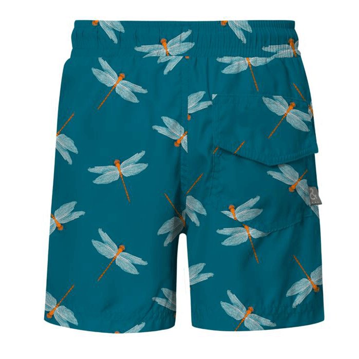 Back of swim trunks for boys with a teal fabric and cute dragonfly print. Against a white background. The purpose of this image is to show the trunks, which are for sale at EVAMAIA Boutique. 