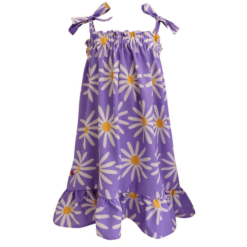 Purple sundress for girls with adjustable ties. The dress is shown against a white background.