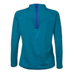 Back of lightweight rashguard top over a white background. It has a zipper to make it easier to slip on.
