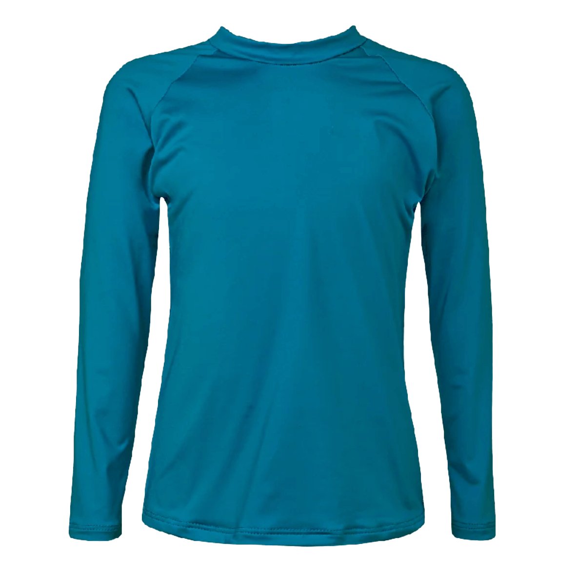 Teal blue rashguard for all outside adventures. This is the front of the lightweight top is shown over a white background.
