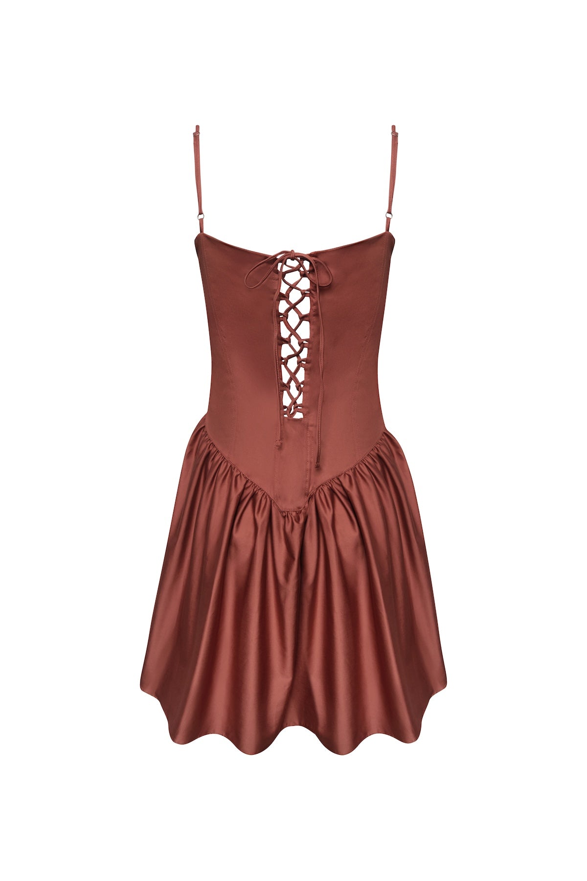 Image of the back of a brown dress by Encantadore Designer Swim and Resortwear. It's against a white background.