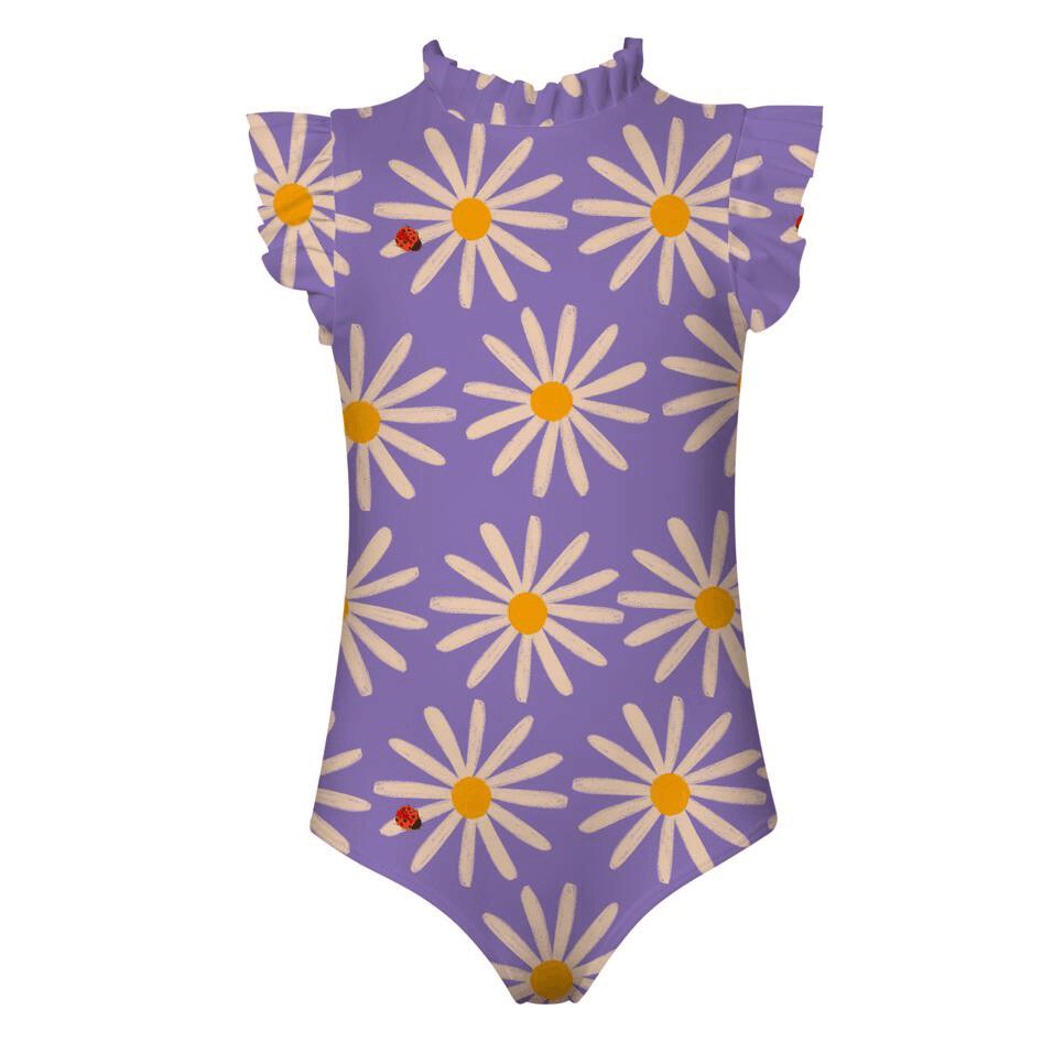Girls' Alisson One Piece on a plain white background. This swimsuit features sleeve and neck ruffles with a back zipper. It has an adorable sunflower print with ladybug details over a purple swimsuit.