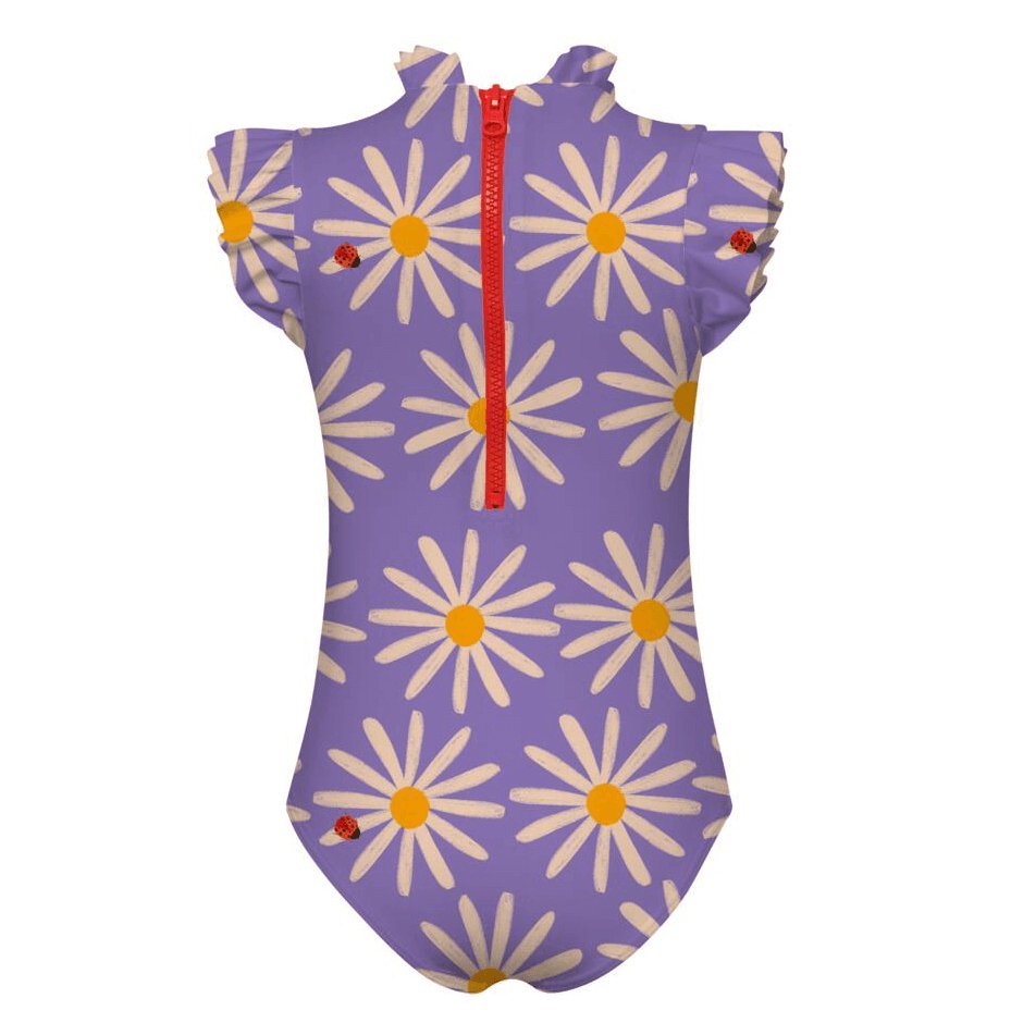 This is the back of the Girls' Alisson One Piece on a plain white background. This swimsuit features sleeve and neck ruffles with a back zipper. It has an adorable sunflower print with ladybug details over a purple swimsuit.