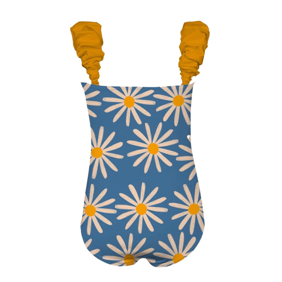 back of blue and yellow one piece swim suit for kids on a white background