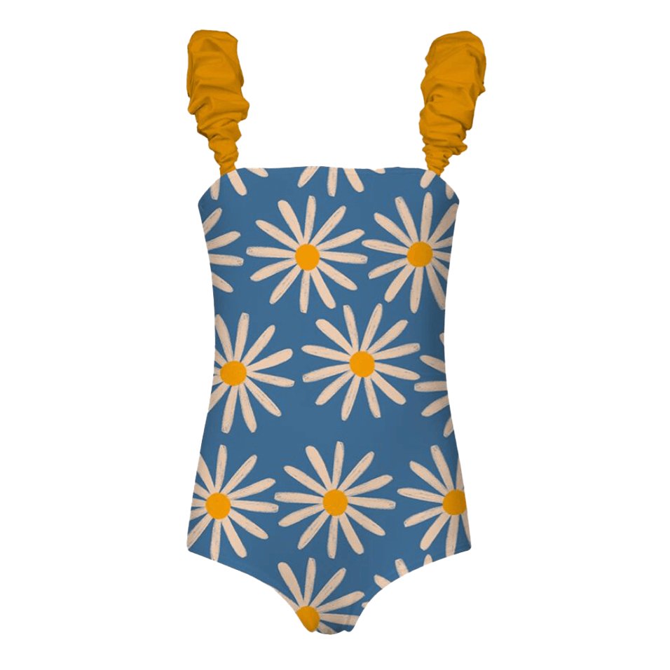 blue  and yellow one piece swim suit for kids on a white background