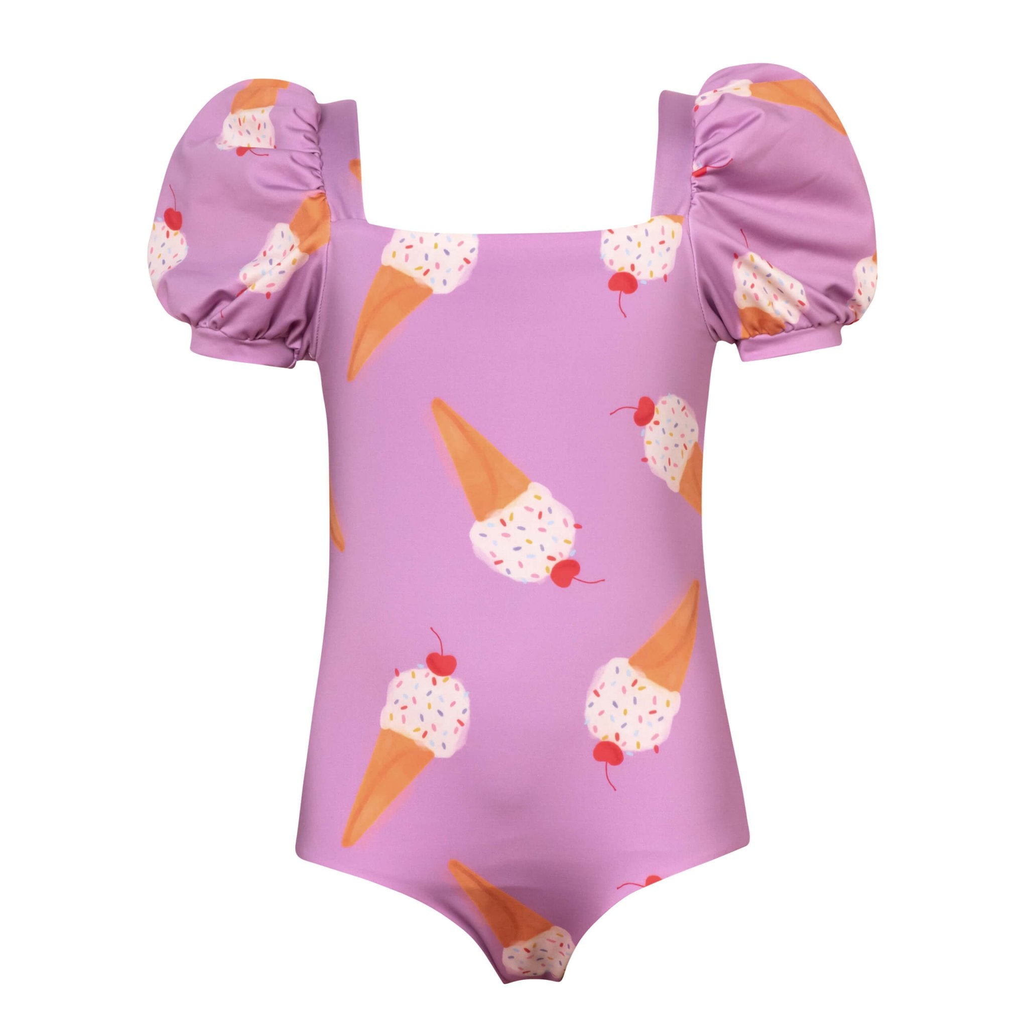 A pink puff-sleeve one-piece that is covered in an adorable ice cream pattern. The swimsuit is shown against a white background.