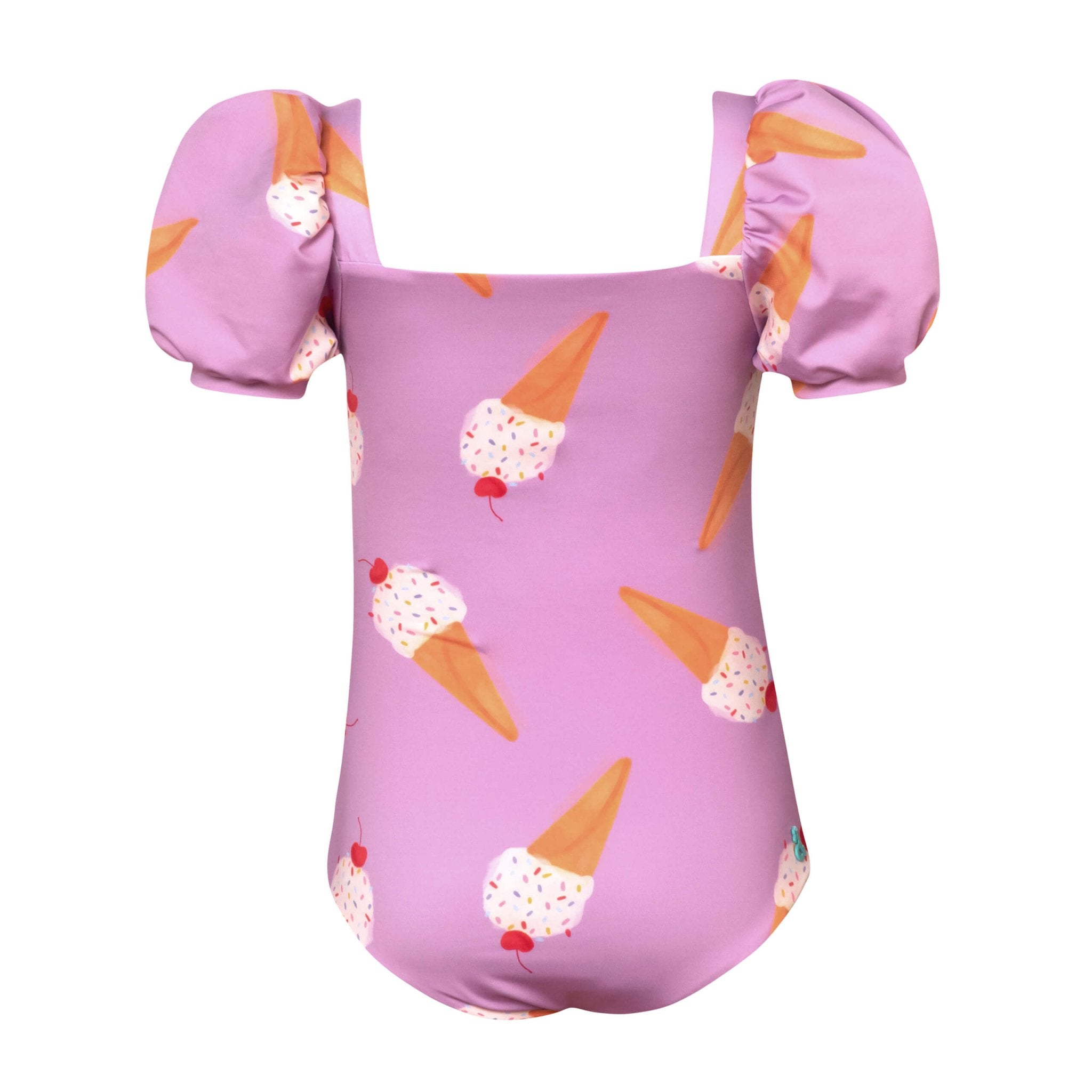 The back of the pink ice cream themed one piece swimsuit for girls. It is shown over a white background. 