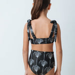 Back of a girl wearing a black and white bikini set. She's standing behind a white background. The purpose of this image is to highlight the swimsuit by Mar de Lua. 