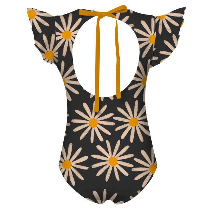 The back of a black swimsuit with a colorful flower and bee pattern for girls. This swimsuit has ruffle sleeve, back cutout, and yellow bow that fits true to size.