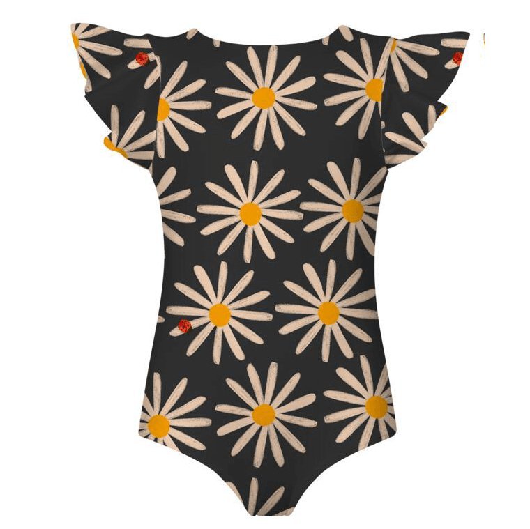 The front of a black swimsuit with a white sunflower and bee pattern for girls. This swimsuit has ruffle sleeve and is true to size.