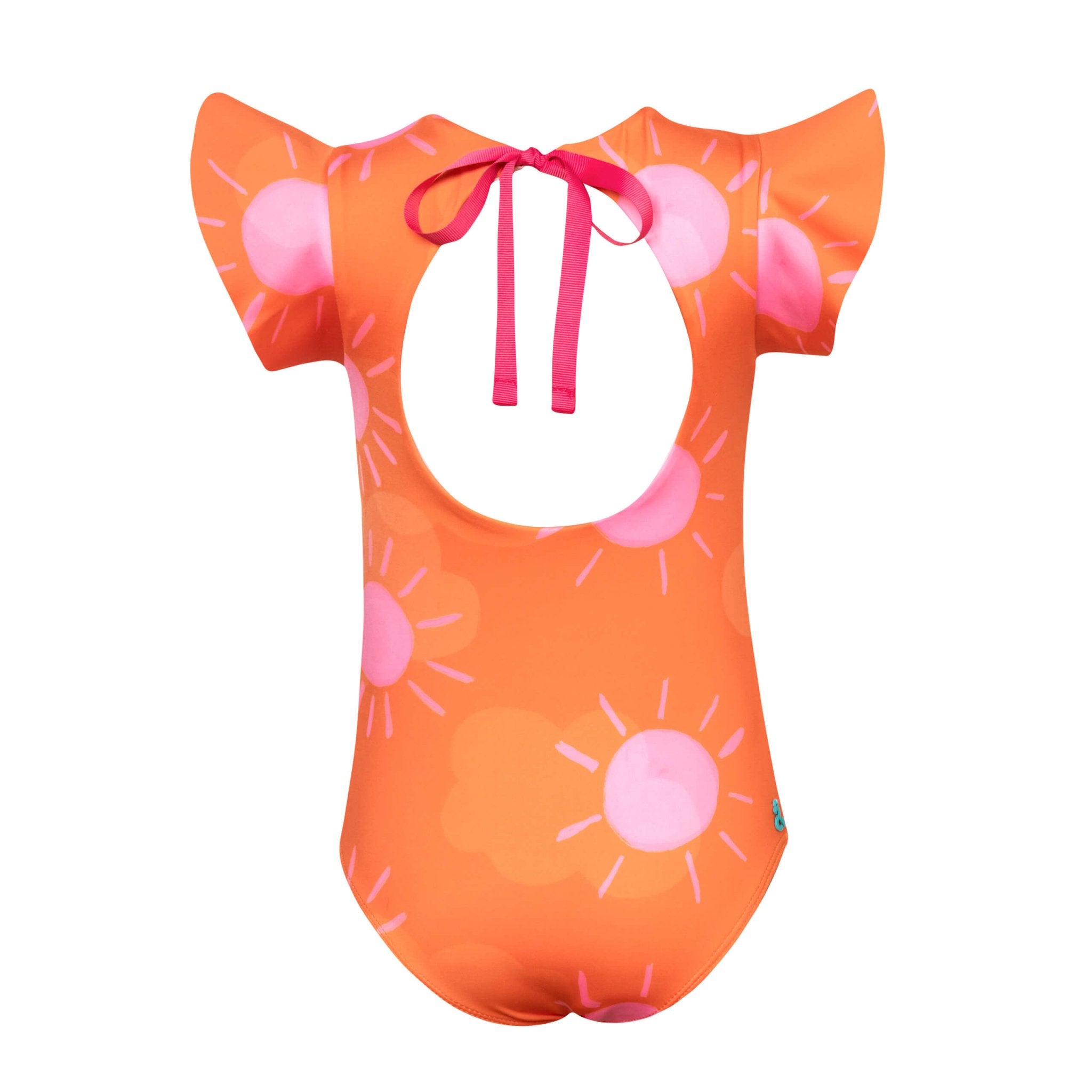 The back of the sun-themed orange one piece swimsuit for girls. It has a circle cutout on the back with a little adjustable ribbon bow and wavey sleeve. The swimsuit is over a white background.