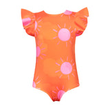 A orange one piece bikini for girls with a pink sun pattern and wavey sleeve. The swimsuit is shown over a white background.