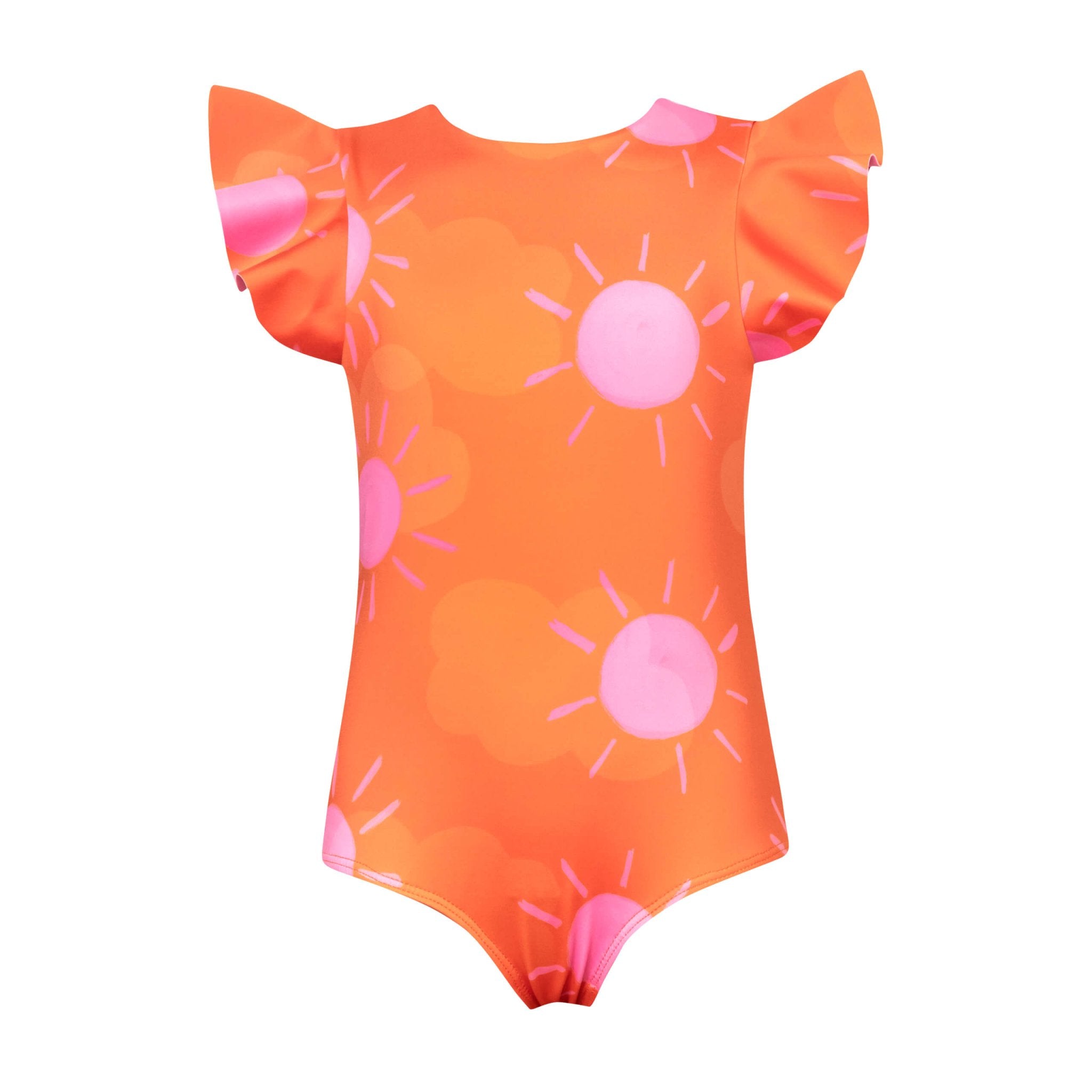 A orange one piece bikini for girls with a pink sun pattern and wavey sleeve. The swimsuit is shown over a white background.