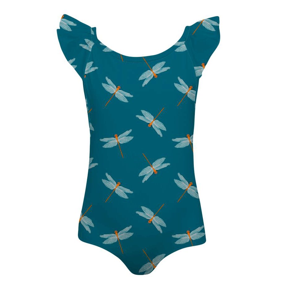 Cute girls swimsuit with wavey short sleeve. It is turquiose colored with adorable dragonfly pattern. The swimsuit is shown over a white background.