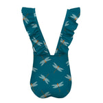 Back of Cute girls swimsuit with wavey short sleeve. It is turquiose colored with adorable dragonfly pattern. It has a low v back lined with ruffles.The swimsuit is shown over a white background.