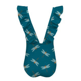 Back of Cute girls swimsuit with wavey short sleeve. It is turquiose colored with adorable dragonfly pattern. It has a low v back lined with ruffles.The swimsuit is shown over a white background.