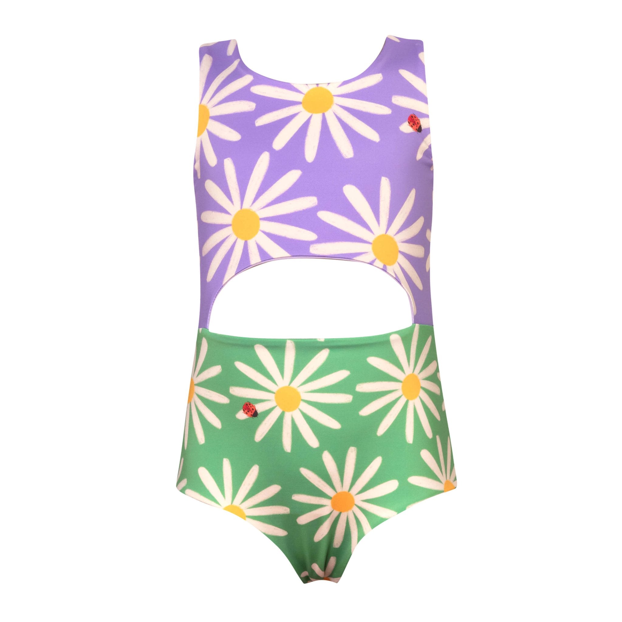 Cute little girls one piece bikini. Half purple and half green with cute flower and ladybug pattern all over. The swimsuit has a cutout in the middle. 